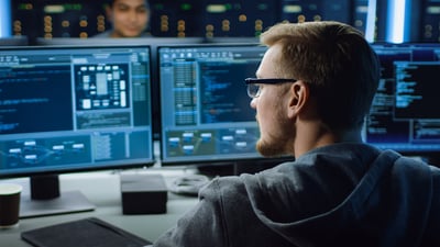 man looking at his two screens in a security operations center