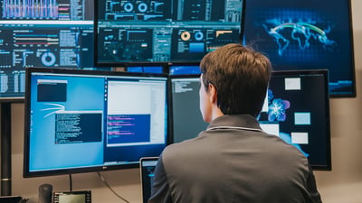 man looking at his computer screens in a security operations center